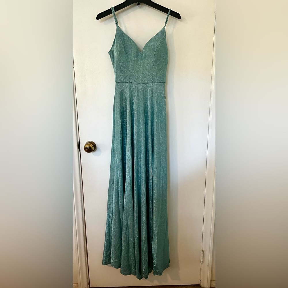 B Darlin High Slit Glittery Sea Foam Prom Dress